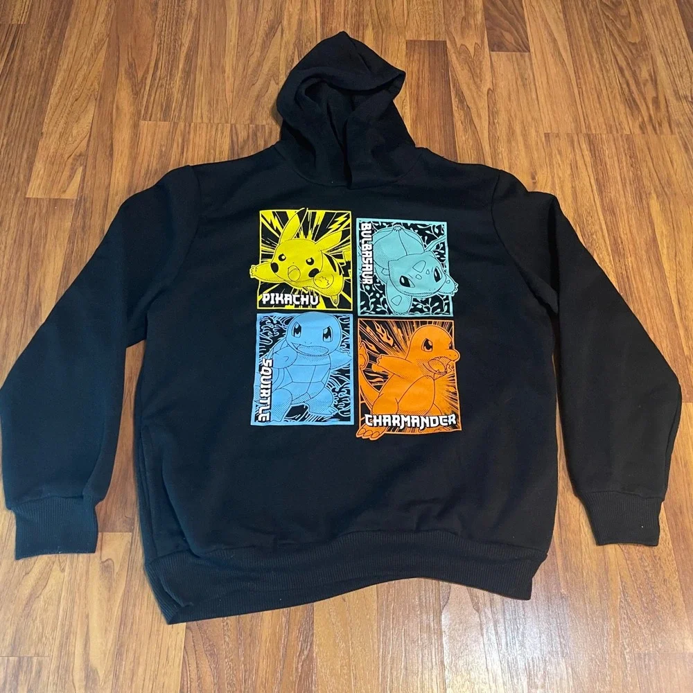 Pokemon Hoodie Womens XL Black Pikachu Bulbasaur Charmander Squirtle Graphic Top